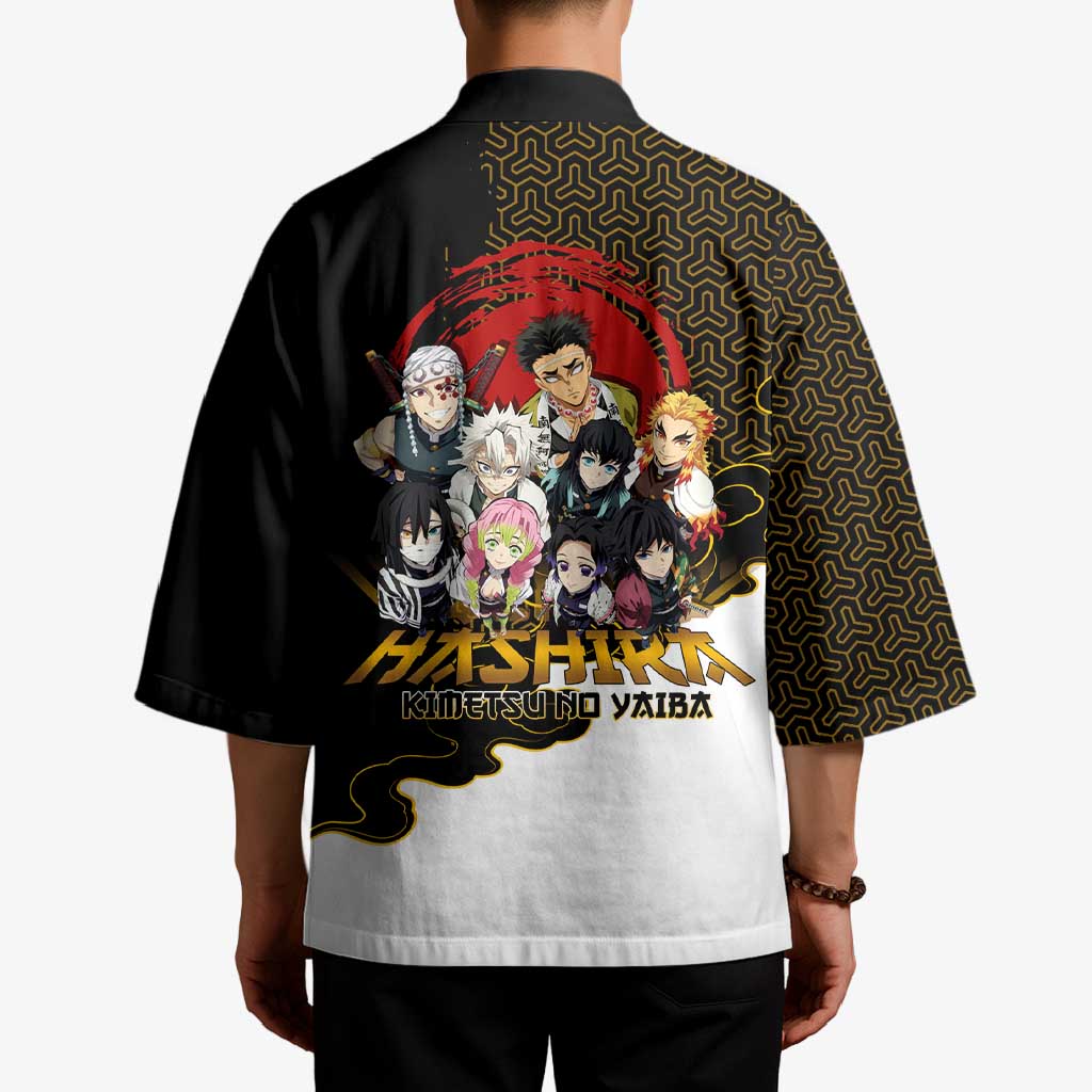 Demon Slayer Hashira Group Design Kimono with Gold Cloud Pattern and Stylized Kanji Motif - The Mazicc
