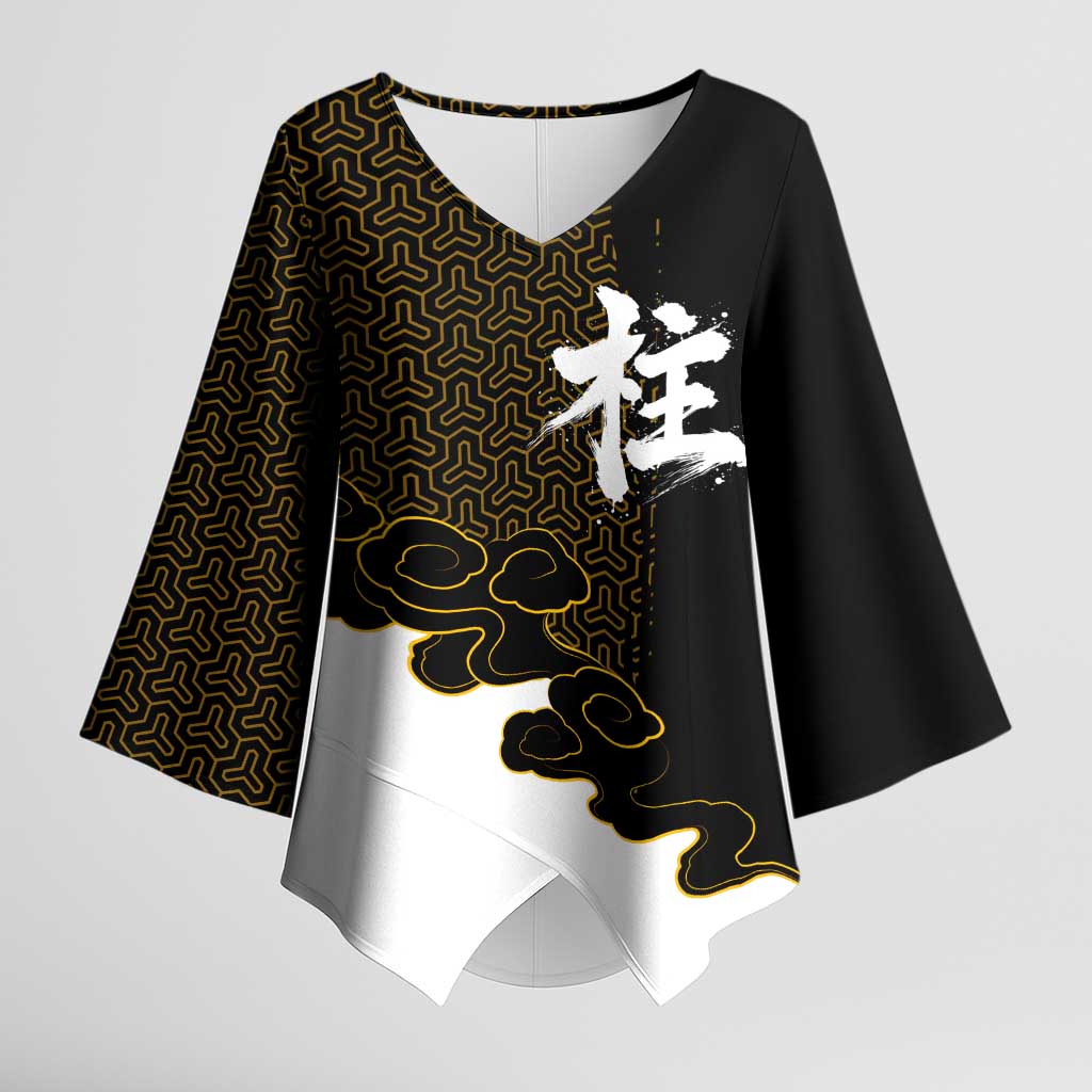 Demon Slayer Hashira Group Design Kimono Sleeve Blouse with Gold Cloud Pattern and Stylized Kanji Motif - The Mazicc