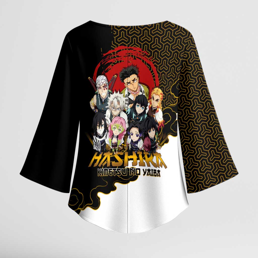 Demon Slayer Hashira Group Design Kimono Sleeve Blouse with Gold Cloud Pattern and Stylized Kanji Motif - The Mazicc