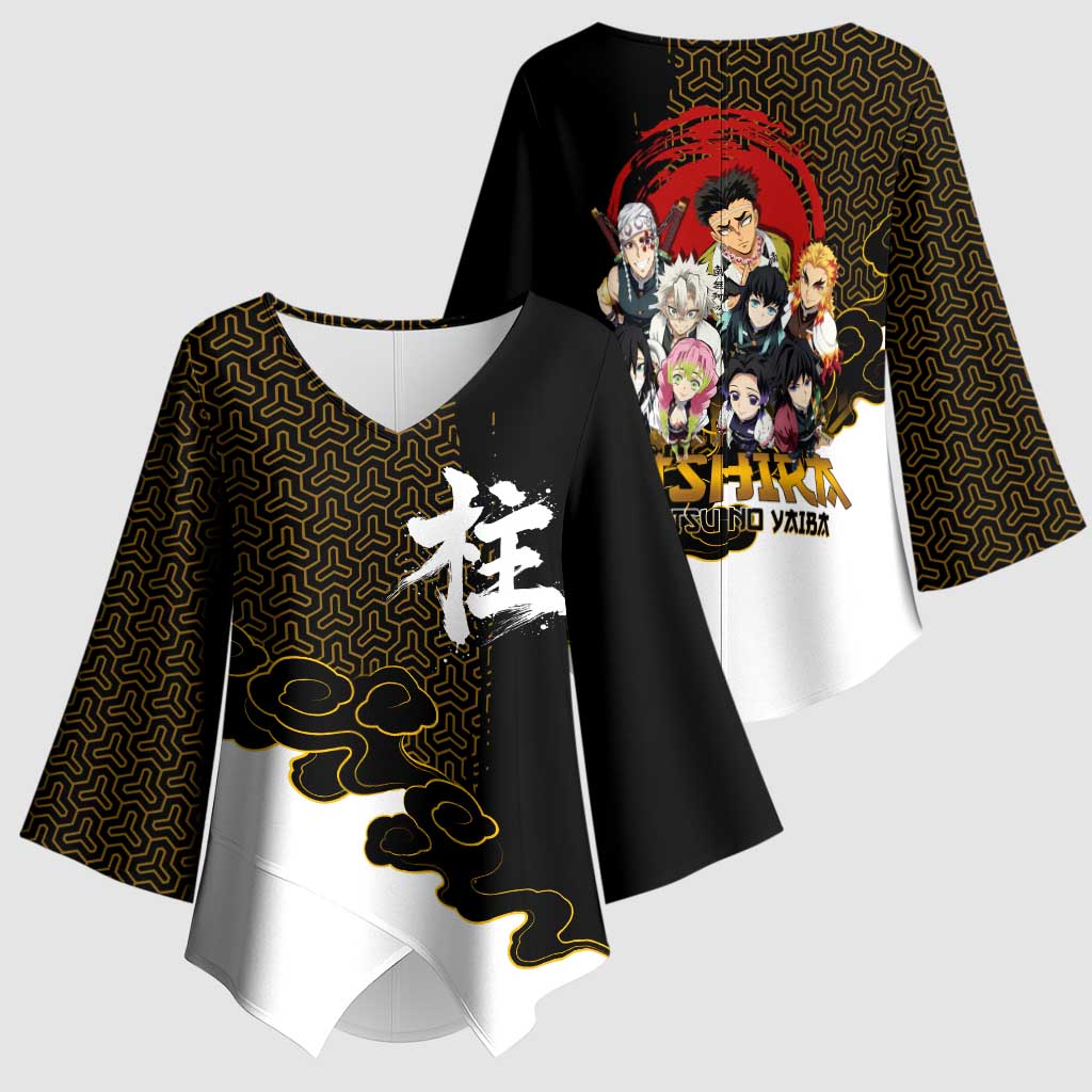 Demon Slayer Hashira Group Design Kimono Sleeve Blouse with Gold Cloud Pattern and Stylized Kanji Motif - The Mazicc