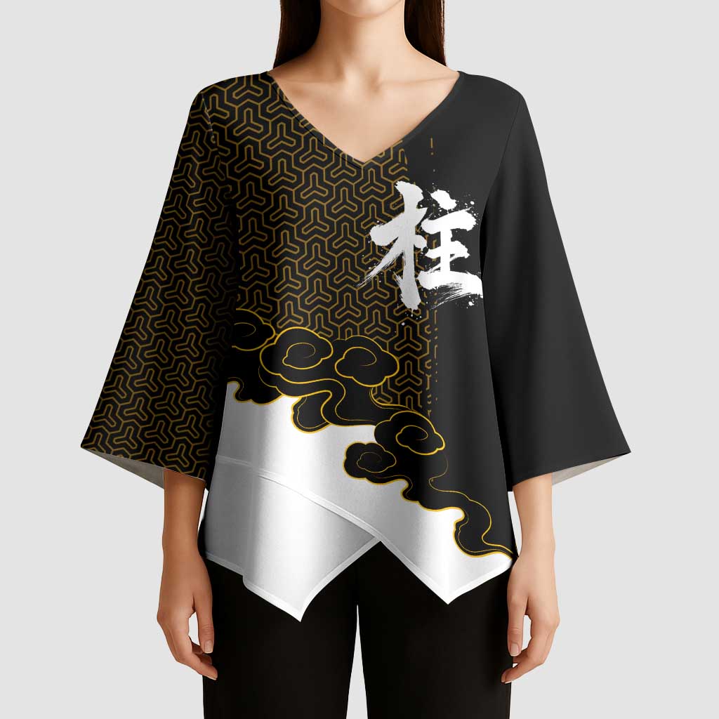 Demon Slayer Hashira Group Design Kimono Sleeve Blouse with Gold Cloud Pattern and Stylized Kanji Motif - The Mazicc
