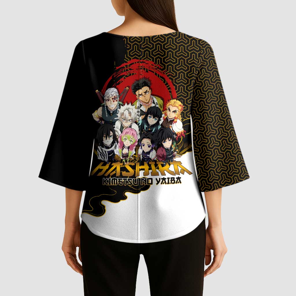 Demon Slayer Hashira Group Design Kimono Sleeve Blouse with Gold Cloud Pattern and Stylized Kanji Motif - The Mazicc