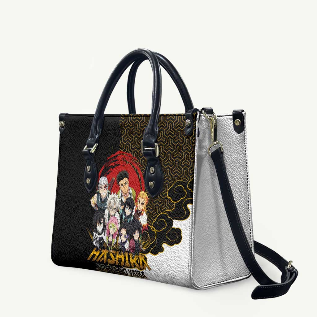 Demon Slayer Hashira Group Design Leather Bag with Gold Cloud Pattern and Stylized Kanji Motif - The Mazicc