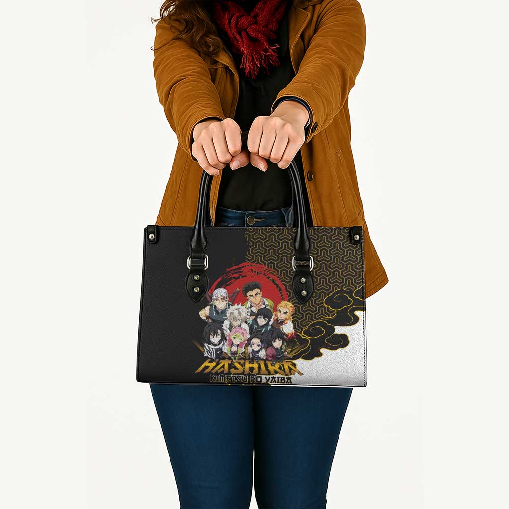 Demon Slayer Hashira Group Design Leather Bag with Gold Cloud Pattern and Stylized Kanji Motif - The Mazicc