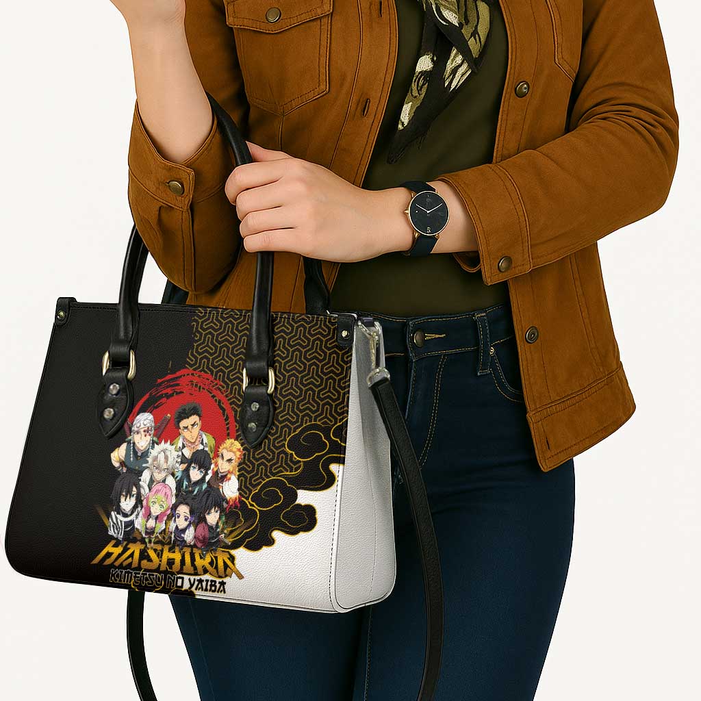 Demon Slayer Hashira Group Design Leather Bag with Gold Cloud Pattern and Stylized Kanji Motif - The Mazicc