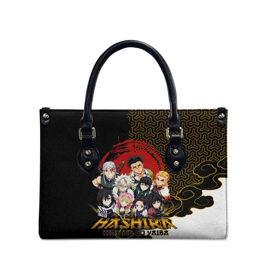 Demon Slayer Hashira Group Design Leather Bag with Gold Cloud Pattern and Stylized Kanji Motif - The Mazicc