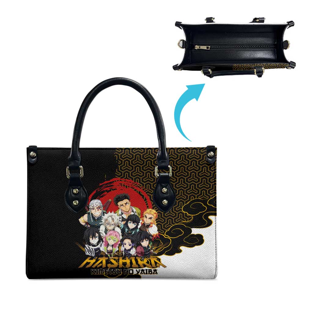 Demon Slayer Hashira Group Design Leather Bag with Gold Cloud Pattern and Stylized Kanji Motif - The Mazicc