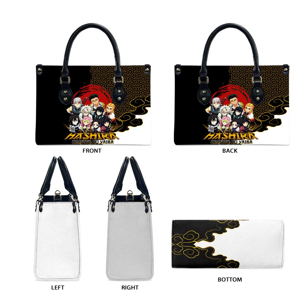 Demon Slayer Hashira Group Design Leather Bag with Gold Cloud Pattern and Stylized Kanji Motif - The Mazicc