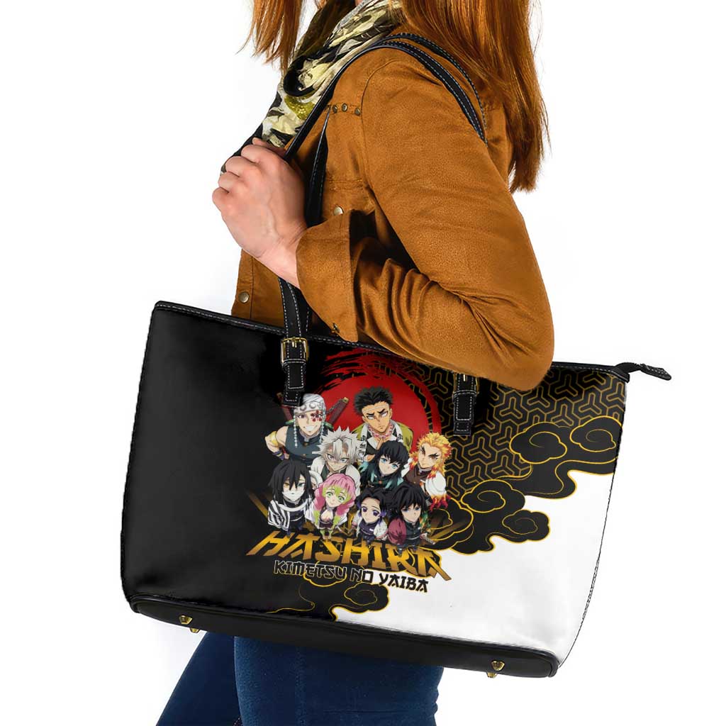 Demon Slayer Hashira Group Design Leather Tote Bag with Gold Cloud Pattern and Stylized Kanji Motif - The Mazicc