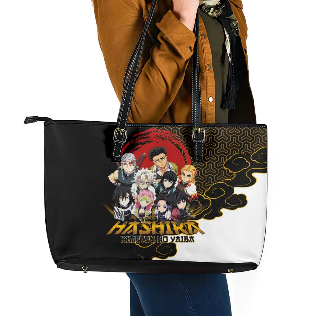 Demon Slayer Hashira Group Design Leather Tote Bag with Gold Cloud Pattern and Stylized Kanji Motif - The Mazicc