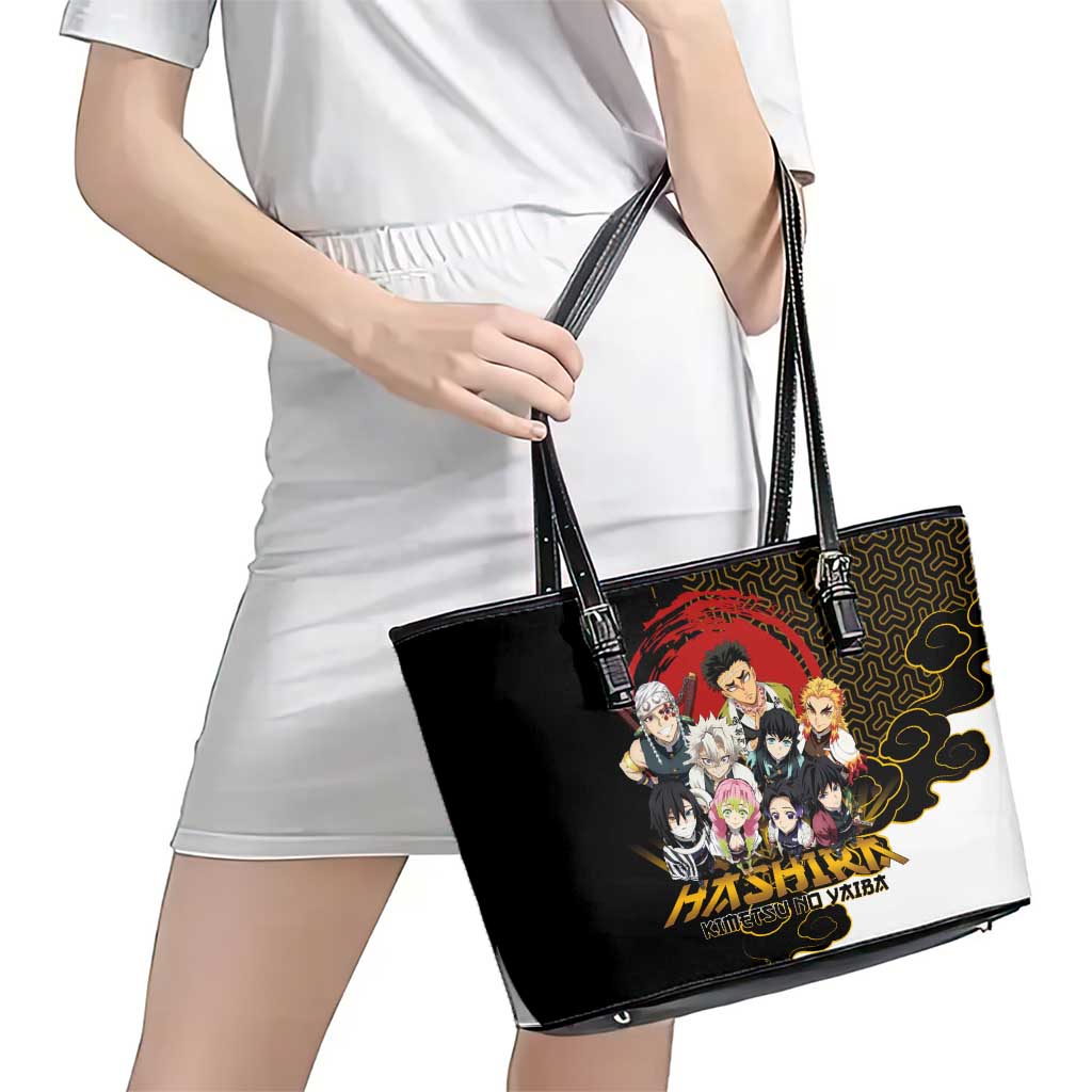 Demon Slayer Hashira Group Design Leather Tote Bag with Gold Cloud Pattern and Stylized Kanji Motif - The Mazicc