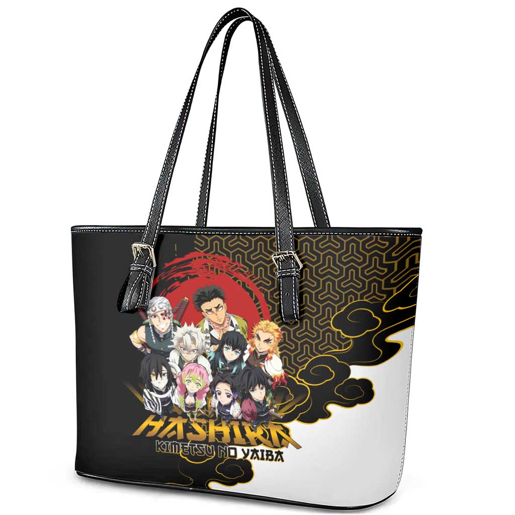 Demon Slayer Hashira Group Design Leather Tote Bag with Gold Cloud Pattern and Stylized Kanji Motif - The Mazicc