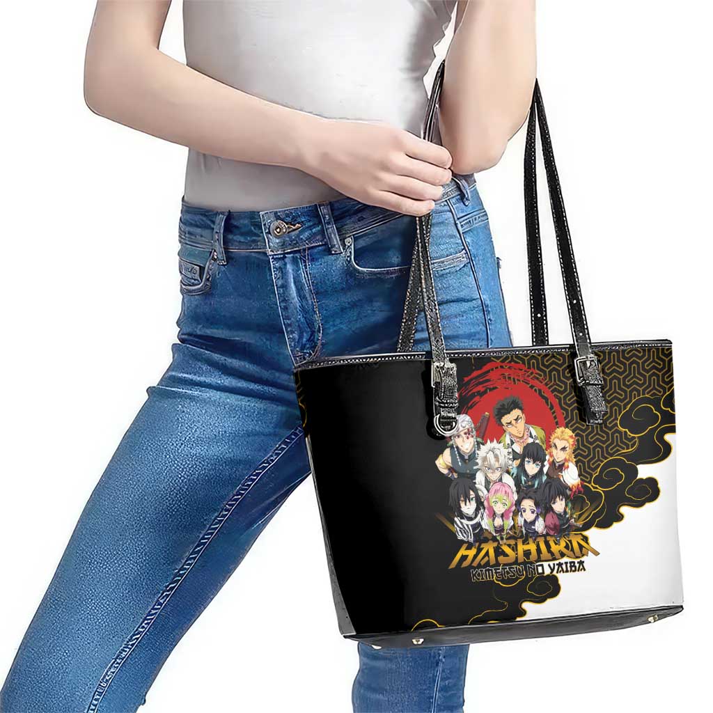 Demon Slayer Hashira Group Design Leather Tote Bag with Gold Cloud Pattern and Stylized Kanji Motif - The Mazicc