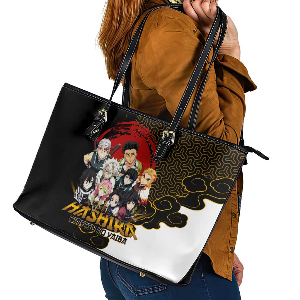 Demon Slayer Hashira Group Design Leather Tote Bag with Gold Cloud Pattern and Stylized Kanji Motif - The Mazicc