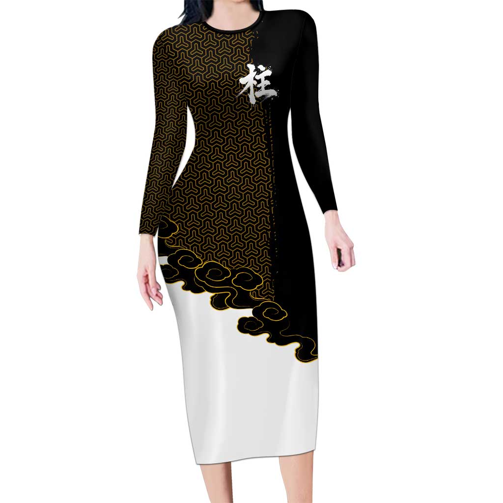 Demon Slayer Hashira Group Design Long Sleeve Bodycon Dress with Gold Cloud Pattern and Stylized Kanji Motif - The Mazicc