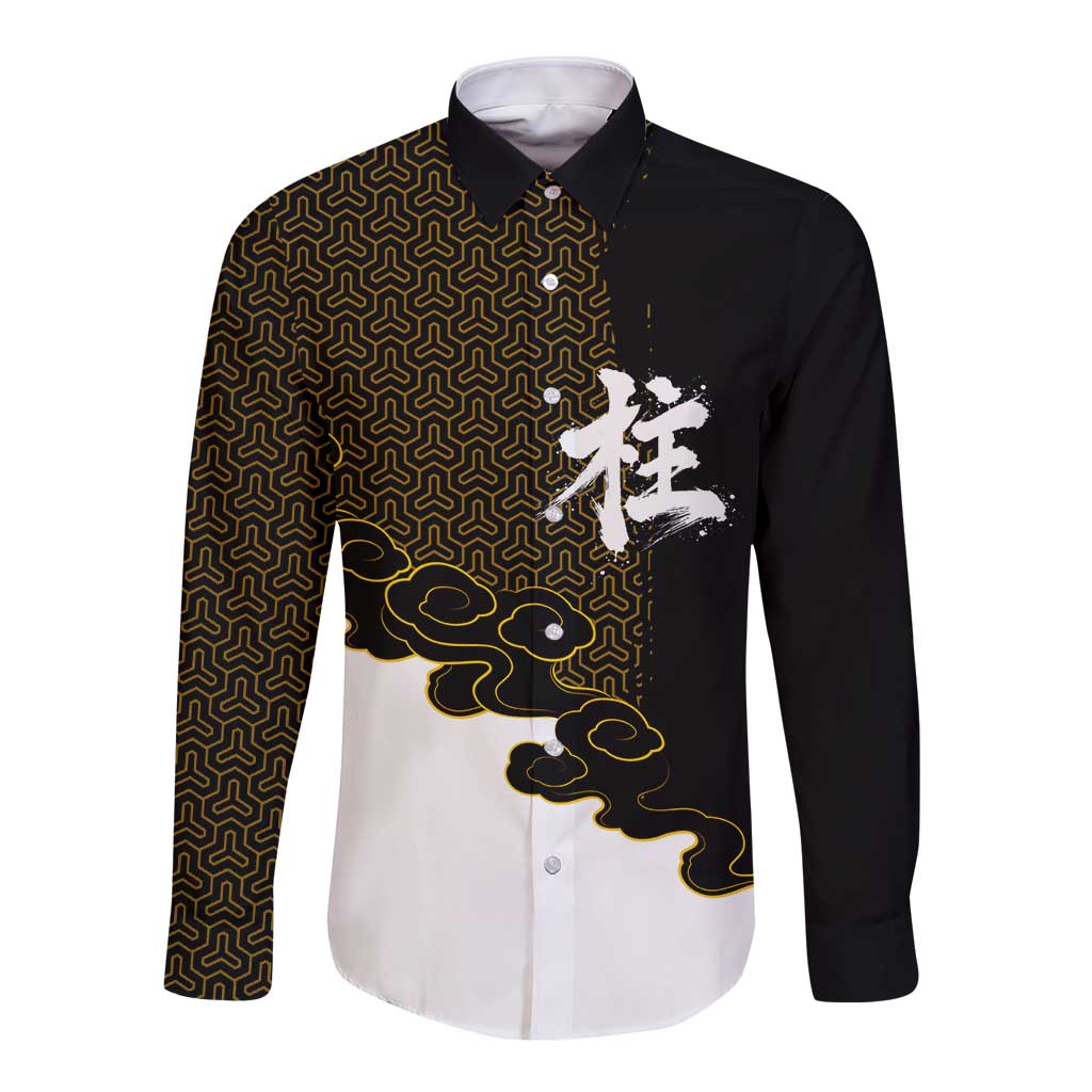 Demon Slayer Hashira Group Design Long Sleeve Button Shirt with Gold Cloud Pattern and Stylized Kanji Motif - The Mazicc