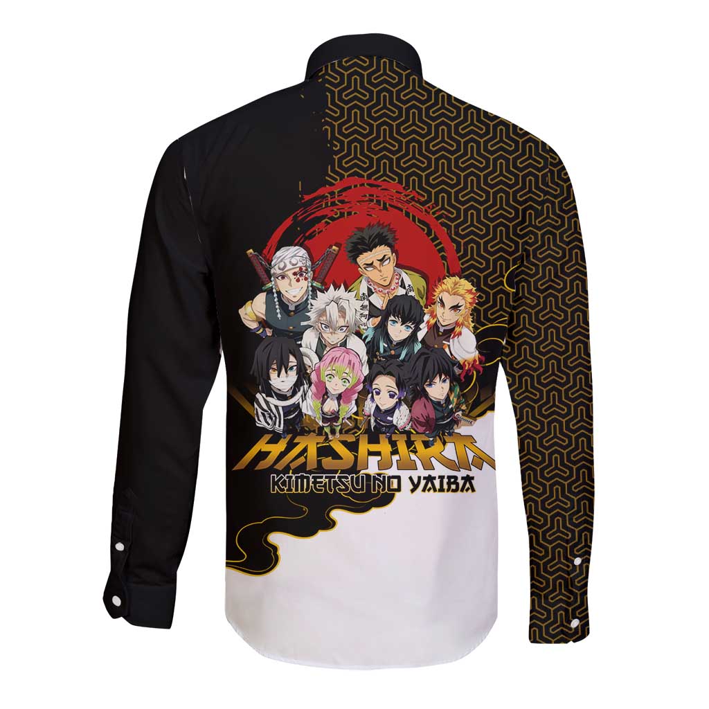 Demon Slayer Hashira Group Design Long Sleeve Button Shirt with Gold Cloud Pattern and Stylized Kanji Motif - The Mazicc