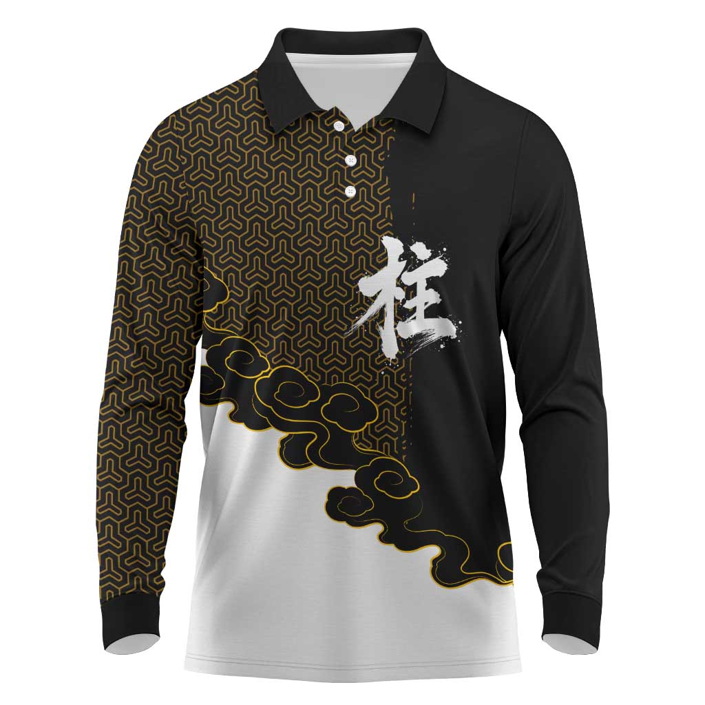 Demon Slayer Hashira Group Design Long Sleeve Polo Shirt with Gold Cloud Pattern and Stylized Kanji Motif - The Mazicc