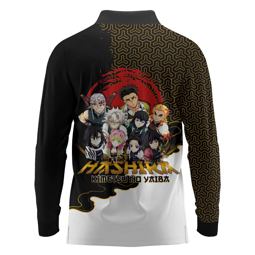 Demon Slayer Hashira Group Design Long Sleeve Polo Shirt with Gold Cloud Pattern and Stylized Kanji Motif - The Mazicc