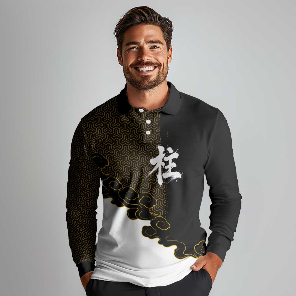 Demon Slayer Hashira Group Design Long Sleeve Polo Shirt with Gold Cloud Pattern and Stylized Kanji Motif - The Mazicc