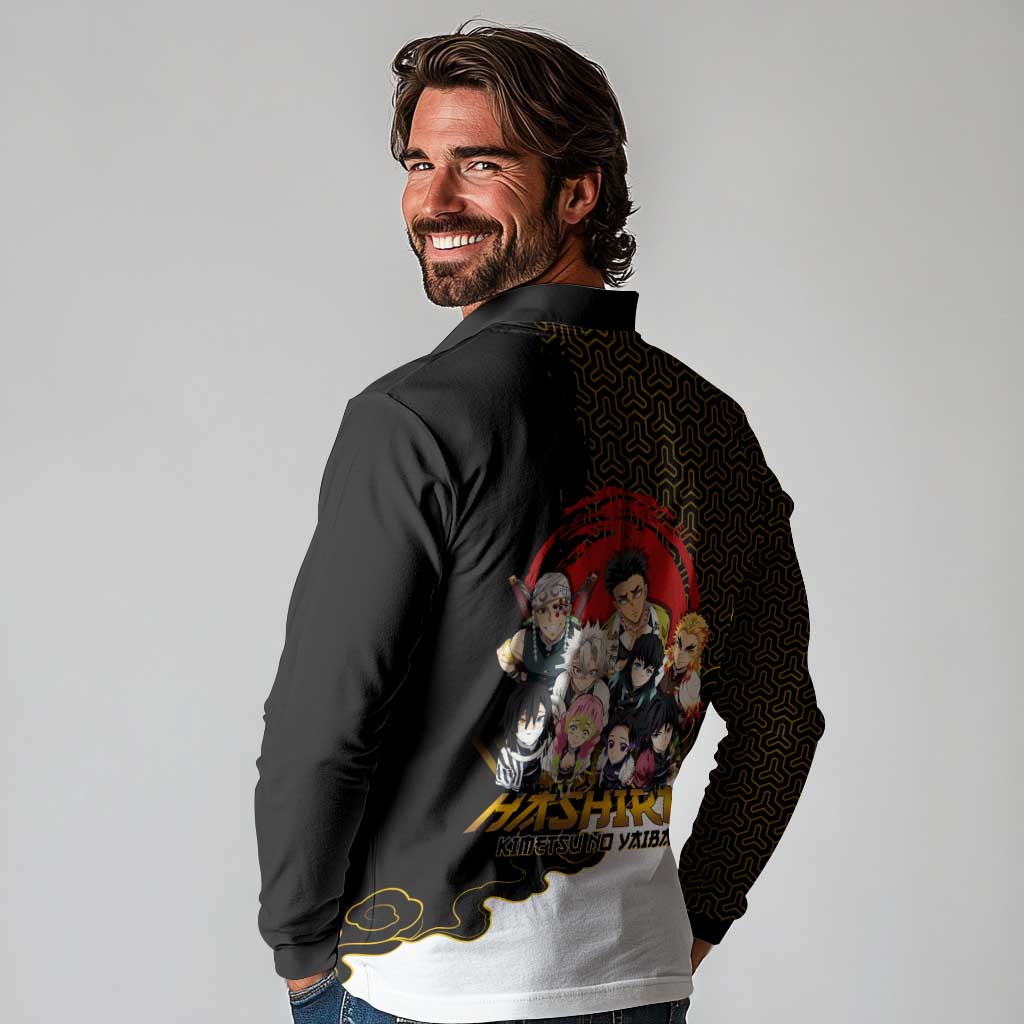 Demon Slayer Hashira Group Design Long Sleeve Polo Shirt with Gold Cloud Pattern and Stylized Kanji Motif - The Mazicc
