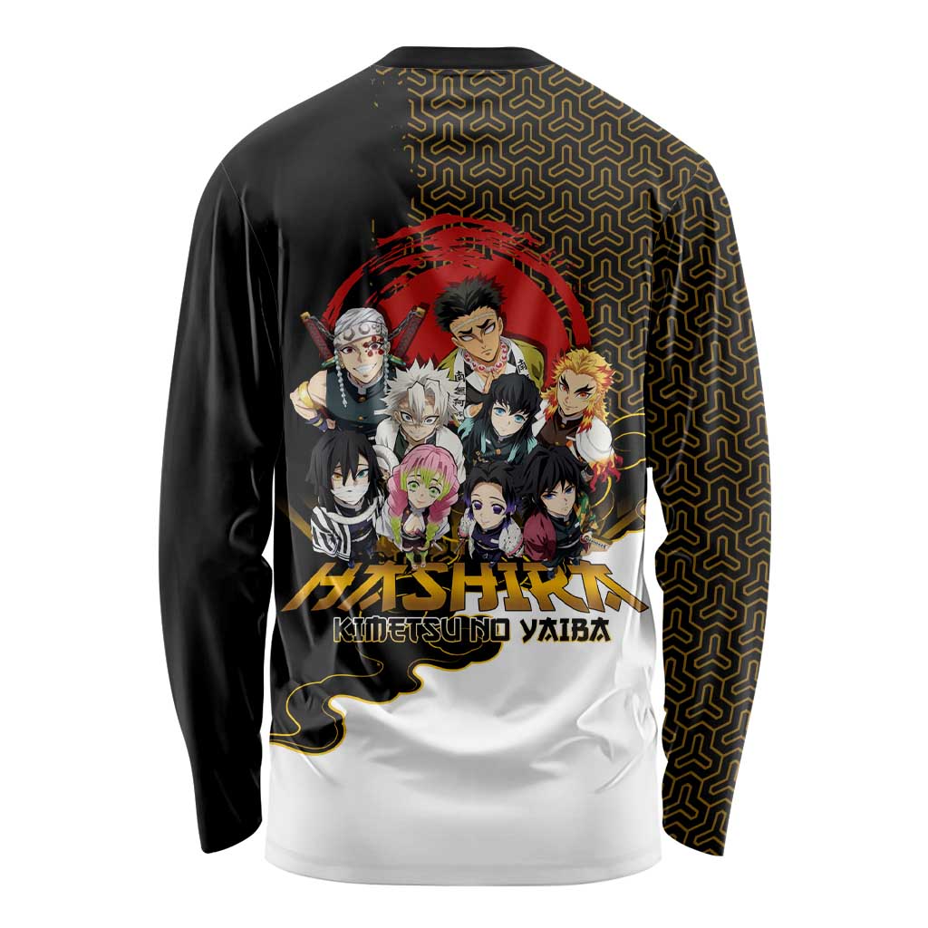 Demon Slayer Hashira Group Design Long Sleeve Shirt with Gold Cloud Pattern and Stylized Kanji Motif - The Mazicc