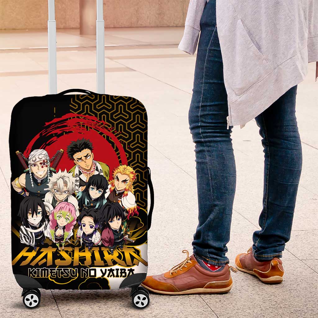 Demon Slayer Hashira Group Design Luggage Cover with Gold Cloud Pattern and Stylized Kanji Motif - The Mazicc