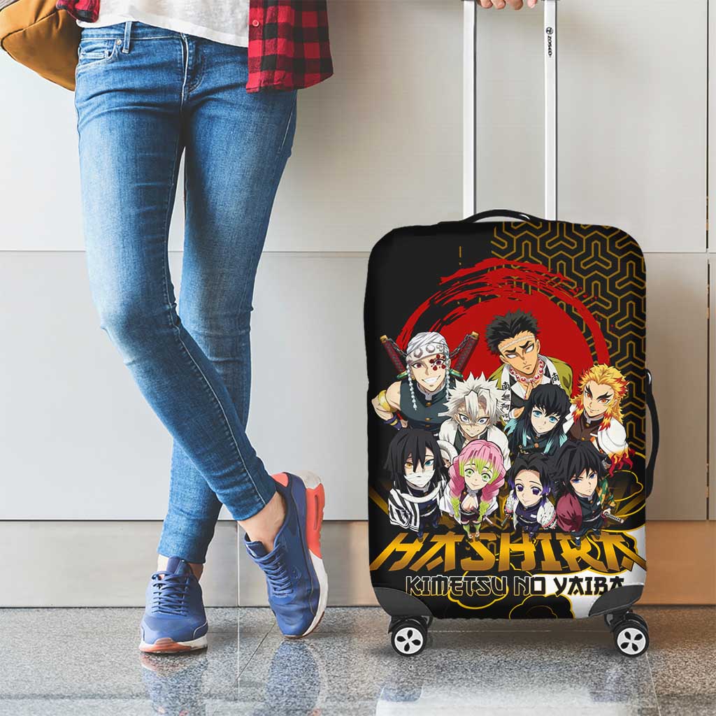 Demon Slayer Hashira Group Design Luggage Cover with Gold Cloud Pattern and Stylized Kanji Motif - The Mazicc
