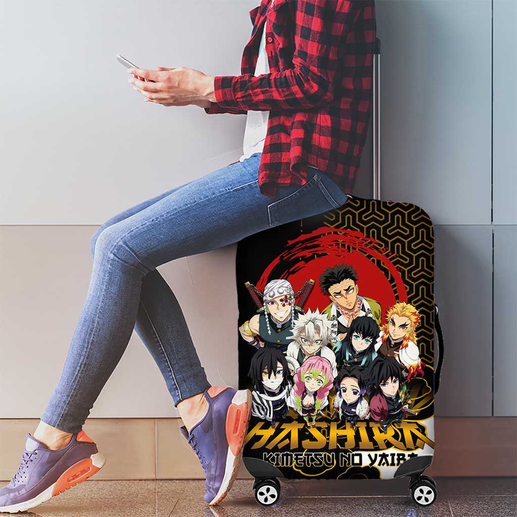 Demon Slayer Hashira Group Design Luggage Cover with Gold Cloud Pattern and Stylized Kanji Motif - The Mazicc