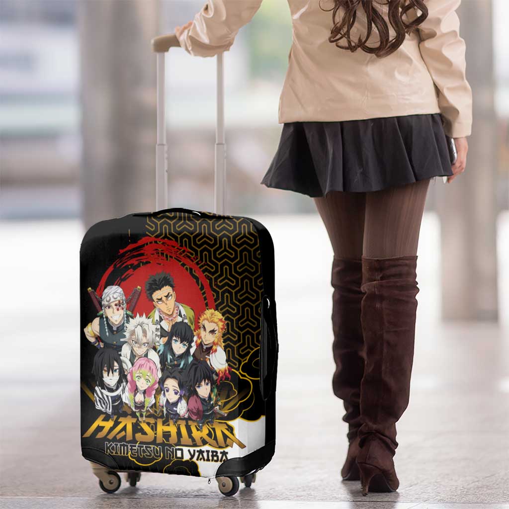 Demon Slayer Hashira Group Design Luggage Cover with Gold Cloud Pattern and Stylized Kanji Motif - The Mazicc