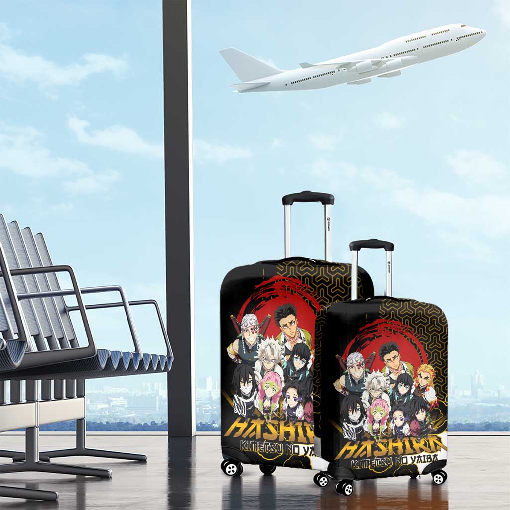 Demon Slayer Hashira Group Design Luggage Cover with Gold Cloud Pattern and Stylized Kanji Motif - The Mazicc