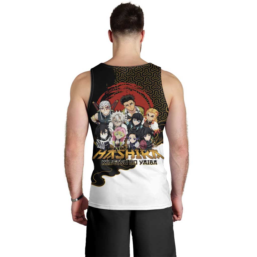 Demon Slayer Hashira Group Design Men Tank Top with Gold Cloud Pattern and Stylized Kanji Motif - The Mazicc