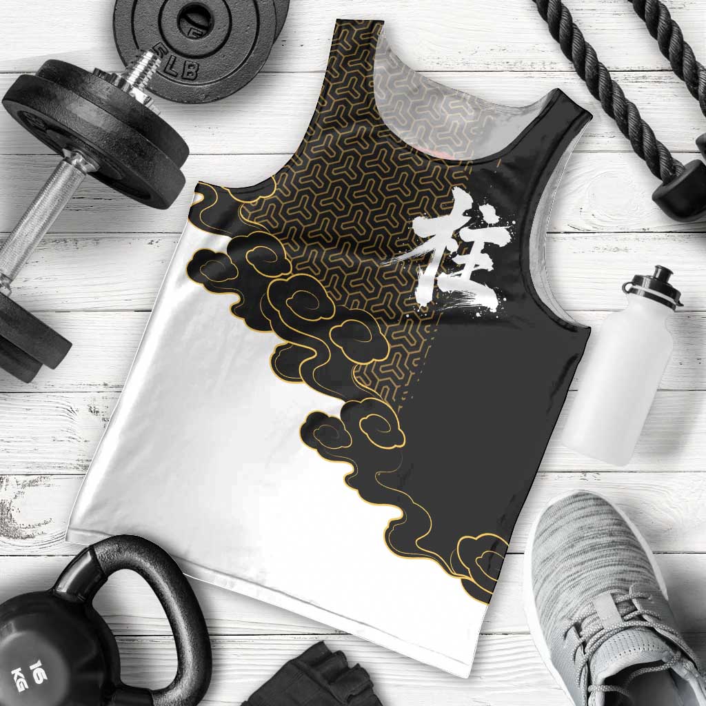 Demon Slayer Hashira Group Design Men Tank Top with Gold Cloud Pattern and Stylized Kanji Motif - The Mazicc