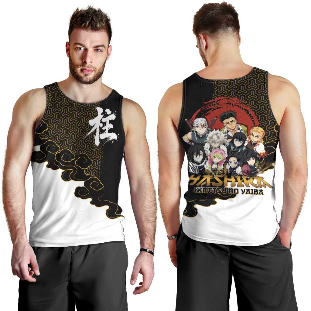 Demon Slayer Hashira Group Design Men Tank Top with Gold Cloud Pattern and Stylized Kanji Motif - The Mazicc