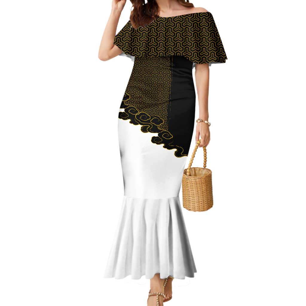 Demon Slayer Hashira Group Design Mermaid Dress with Gold Cloud Pattern and Stylized Kanji Motif - The Mazicc