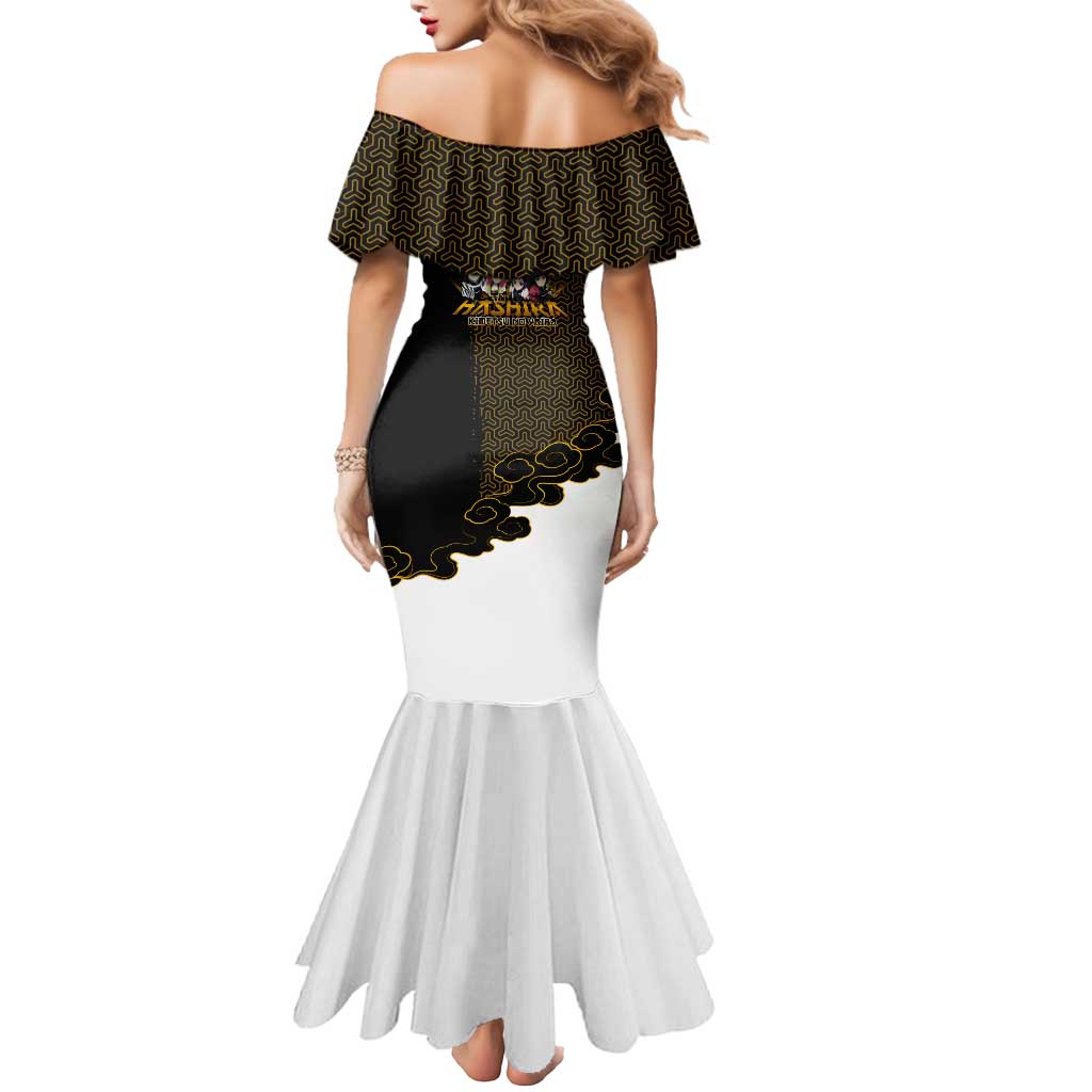 Demon Slayer Hashira Group Design Mermaid Dress with Gold Cloud Pattern and Stylized Kanji Motif - The Mazicc