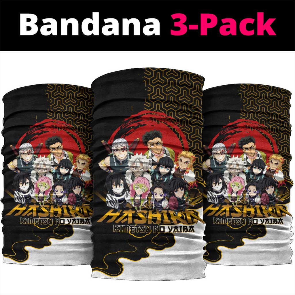 Demon Slayer Hashira Group Design Neck Gaiter with Gold Cloud Pattern and Stylized Kanji Motif - The Mazicc