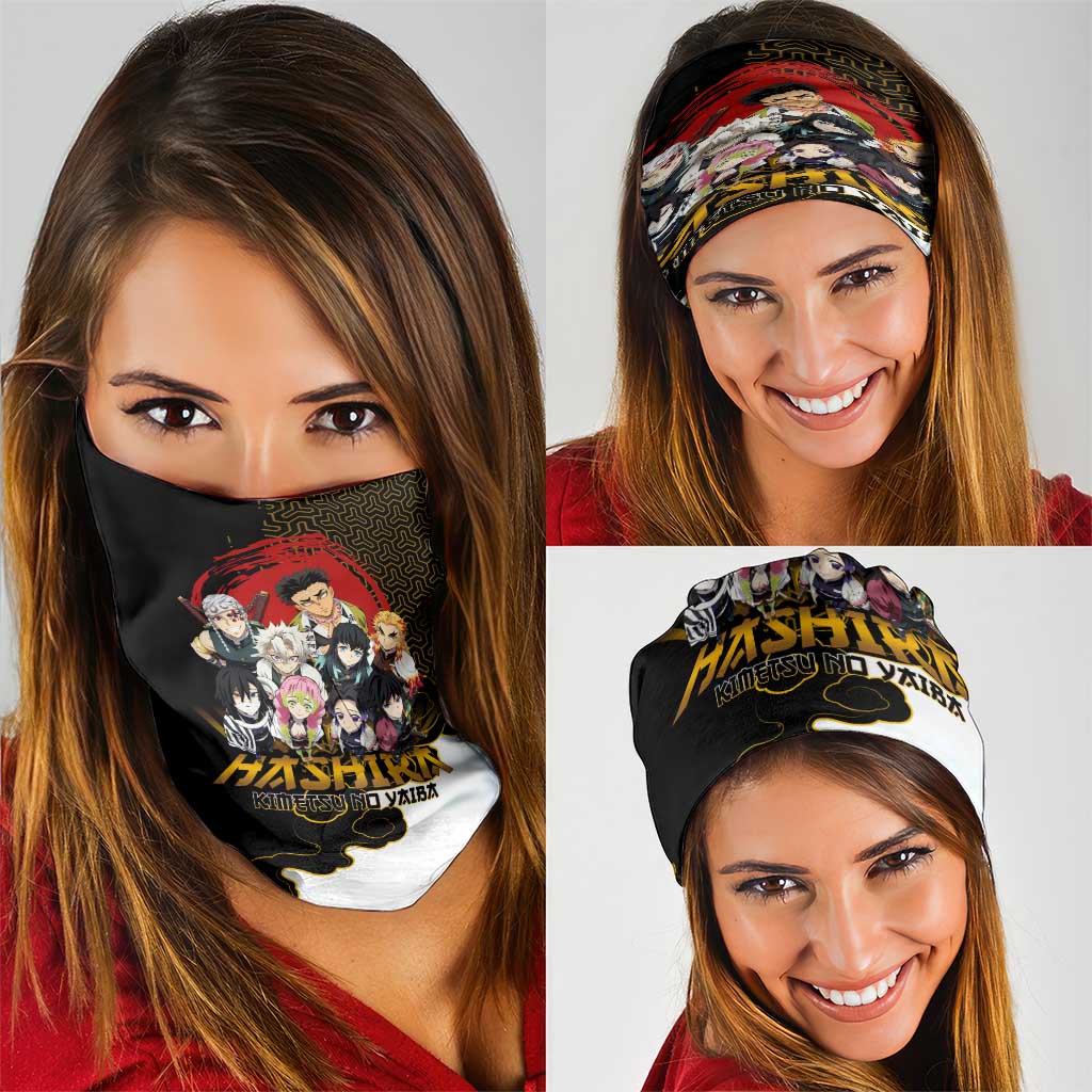 Demon Slayer Hashira Group Design Neck Gaiter with Gold Cloud Pattern and Stylized Kanji Motif - The Mazicc