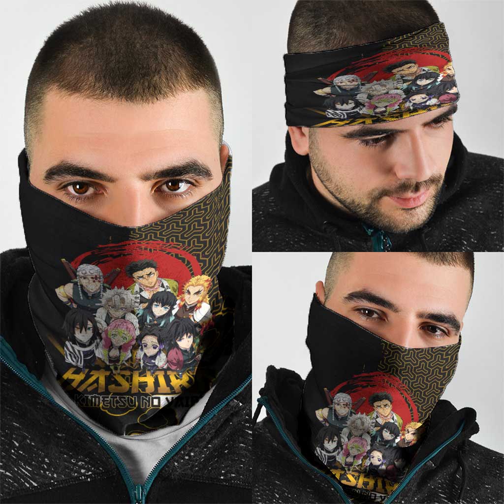 Demon Slayer Hashira Group Design Neck Gaiter with Gold Cloud Pattern and Stylized Kanji Motif - The Mazicc