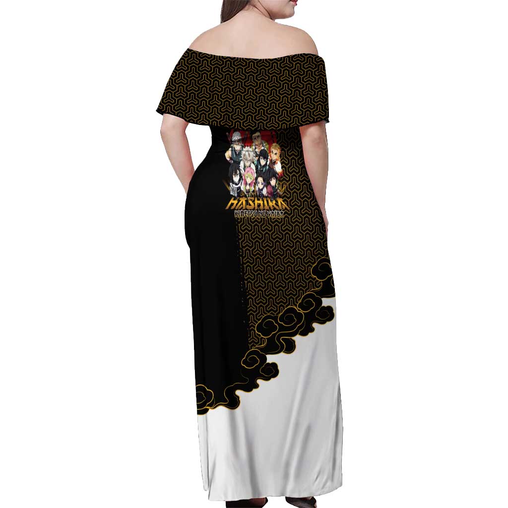 Demon Slayer Hashira Group Design Off Shoulder Maxi Dress with Gold Cloud Pattern and Stylized Kanji Motif - The Mazicc