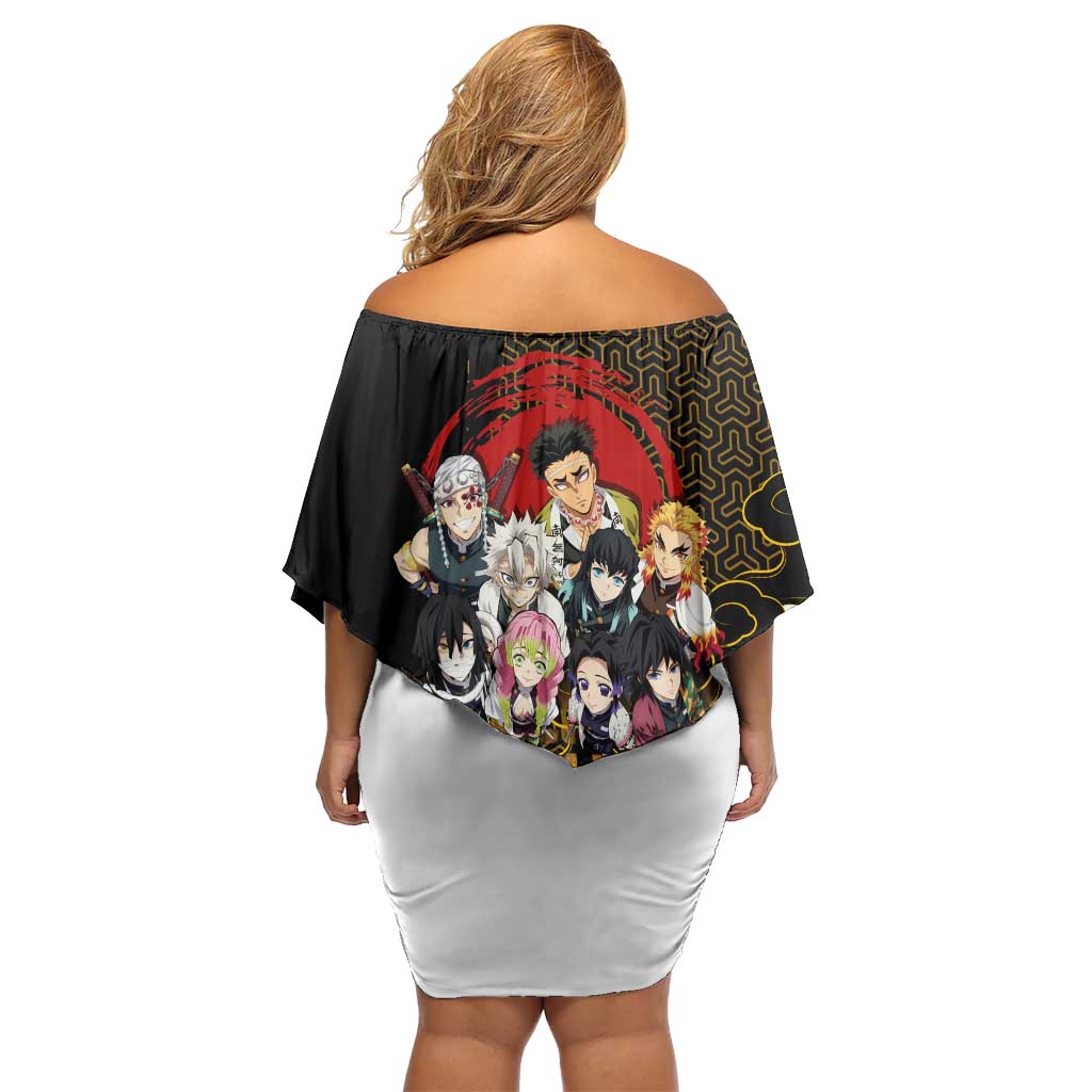 Demon Slayer Hashira Group Design Off Shoulder Short Dress with Gold Cloud Pattern and Stylized Kanji Motif - The Mazicc