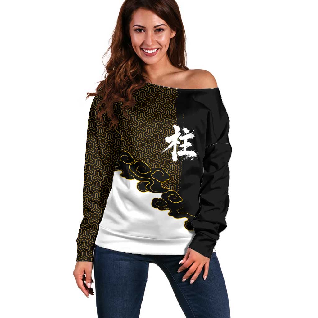 Demon Slayer Hashira Group Design Off Shoulder Sweater with Gold Cloud Pattern and Stylized Kanji Motif - The Mazicc