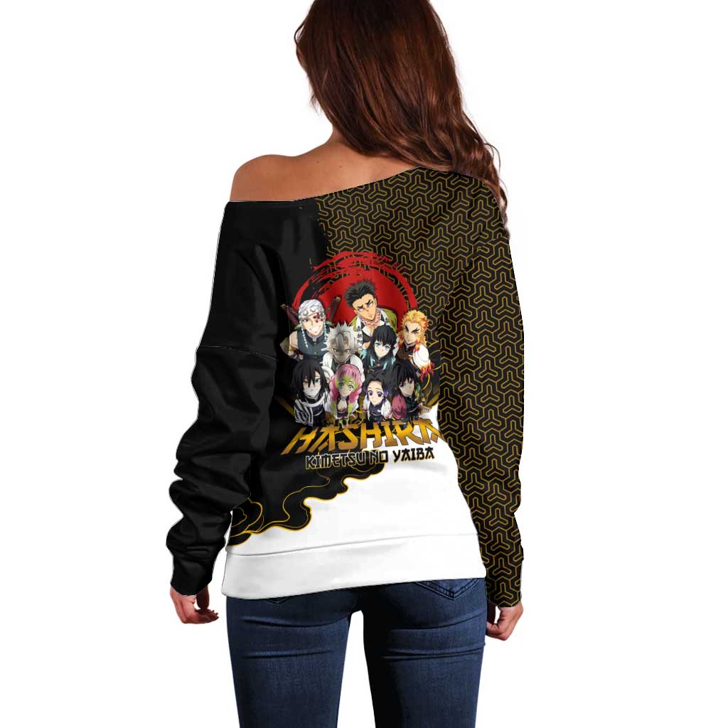 Demon Slayer Hashira Group Design Off Shoulder Sweater with Gold Cloud Pattern and Stylized Kanji Motif - The Mazicc