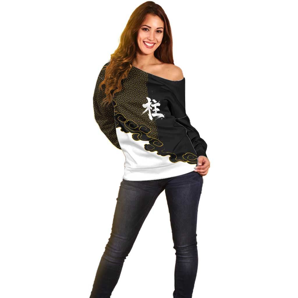 Demon Slayer Hashira Group Design Off Shoulder Sweater with Gold Cloud Pattern and Stylized Kanji Motif - The Mazicc