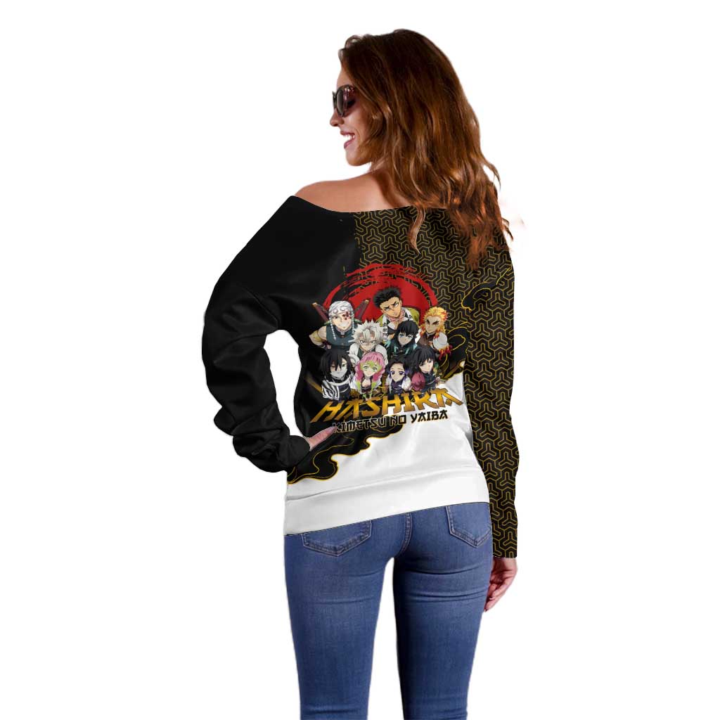 Demon Slayer Hashira Group Design Off Shoulder Sweater with Gold Cloud Pattern and Stylized Kanji Motif - The Mazicc
