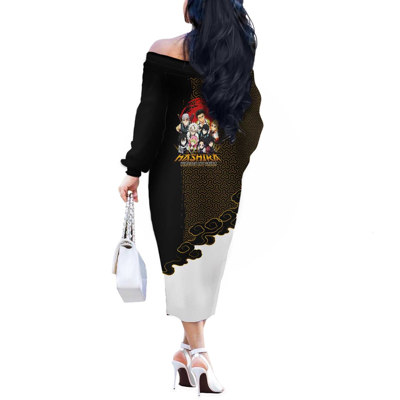 Demon Slayer Hashira Group Design Off The Shoulder Long Sleeve Dress with Gold Cloud Pattern and Stylized Kanji Motif - The Mazicc