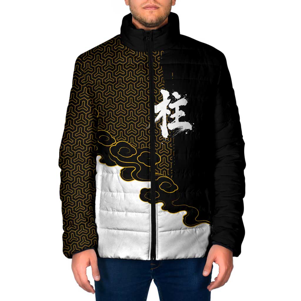 Demon Slayer Hashira Group Design Padded Jacket with Gold Cloud Pattern and Stylized Kanji Motif - The Mazicc