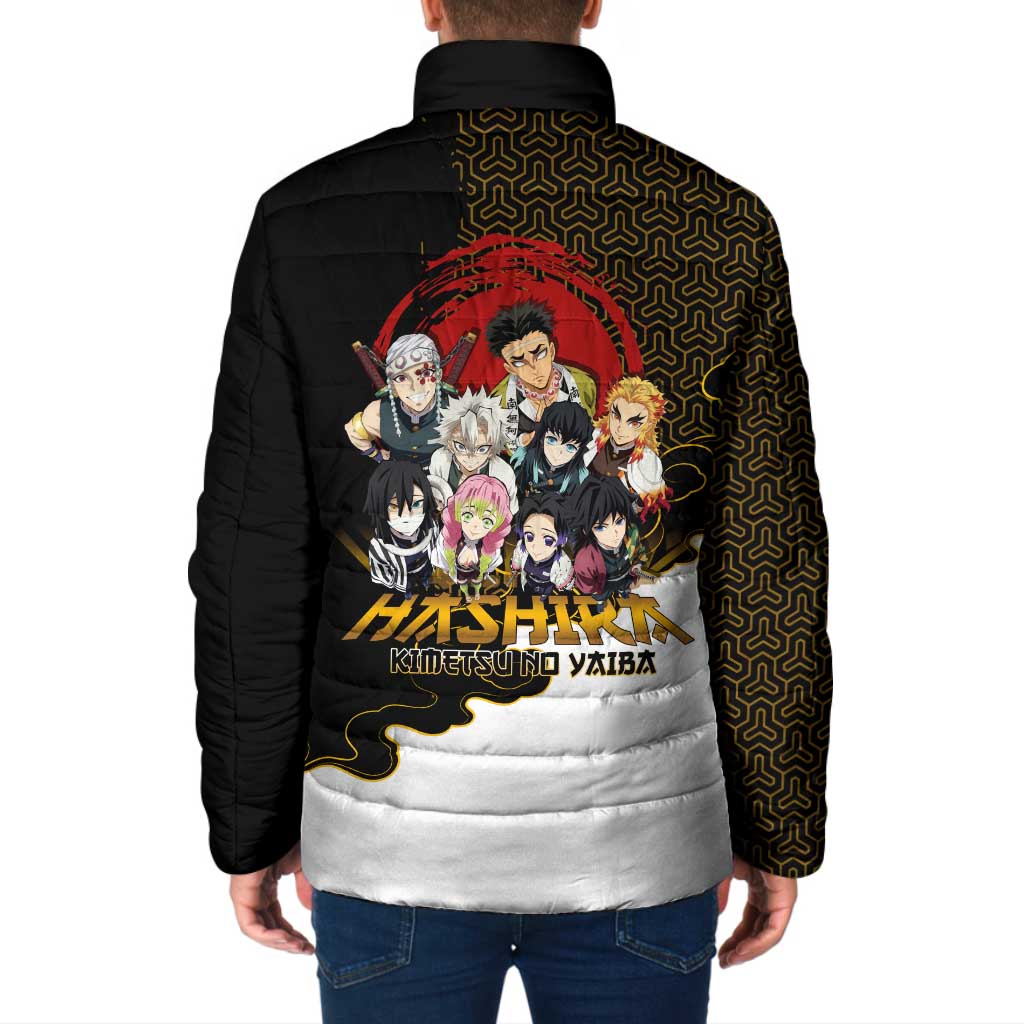 Demon Slayer Hashira Group Design Padded Jacket with Gold Cloud Pattern and Stylized Kanji Motif - The Mazicc
