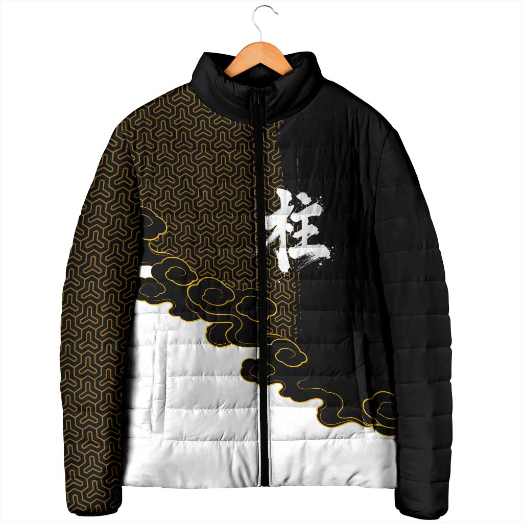 Demon Slayer Hashira Group Design Padded Jacket with Gold Cloud Pattern and Stylized Kanji Motif - The Mazicc