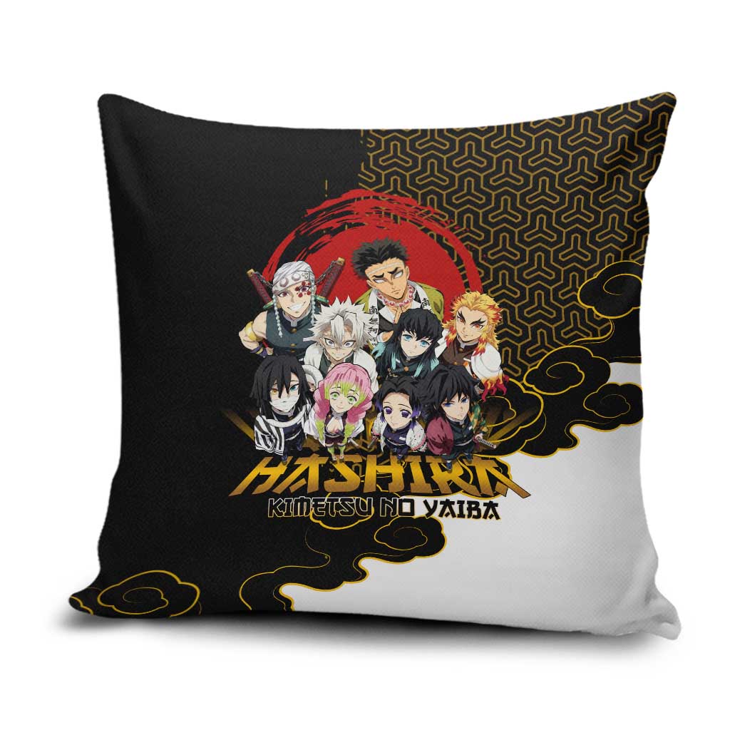 Demon Slayer Hashira Group Design Pillow Cover with Gold Cloud Pattern and Stylized Kanji Motif - The Mazicc